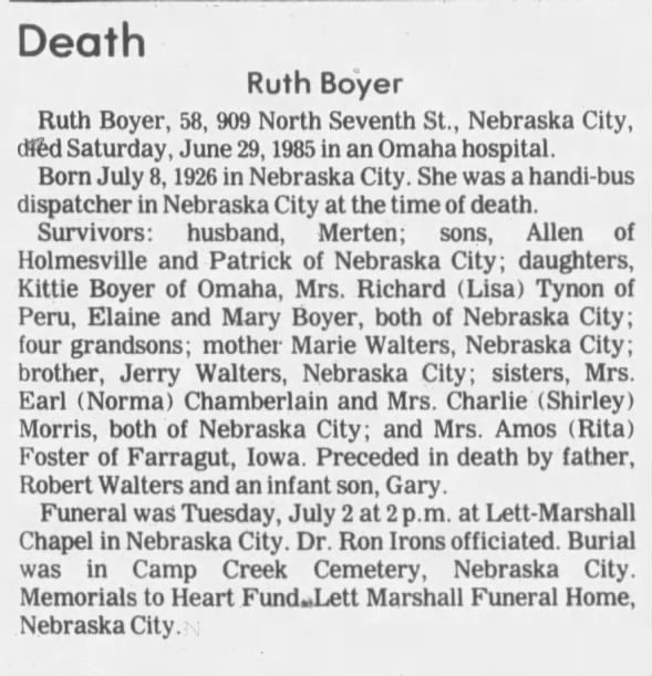 Obituary for Ruth Boyer, 1926-1985 (Aged 58)